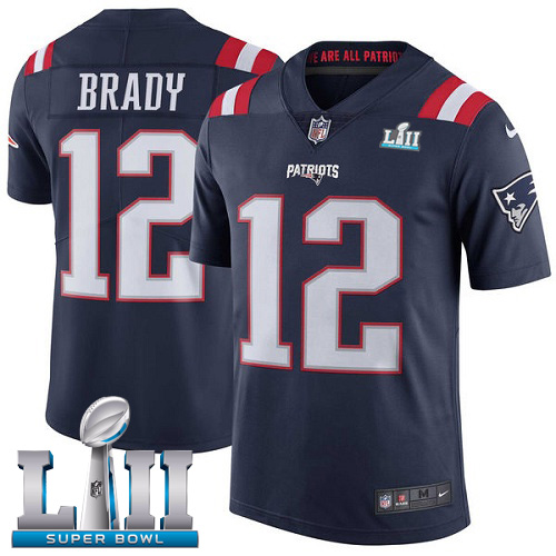 Men's Nike Patriots #12 Tom Brady Navy Blue Super Bowl LII Stitched NFL Limited Rush Jersey