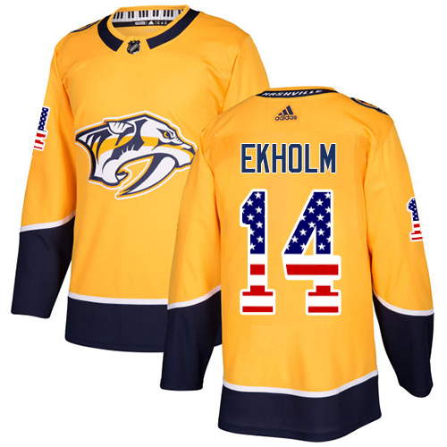 Adidas Predators #14 Mattias Ekholm Yellow Home Authentic USA Flag Stitched NHL Jersey