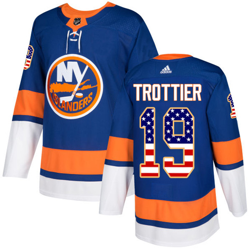 Adidas Islanders #19 Bryan Trottier Royal Blue Home Authentic USA Flag Stitched NHL Jersey