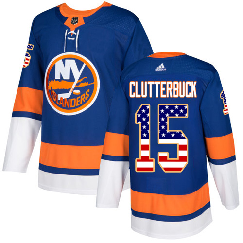 Adidas Islanders #15 Cal Clutterbuck Royal Blue Home Authentic USA Flag Stitched NHL Jersey