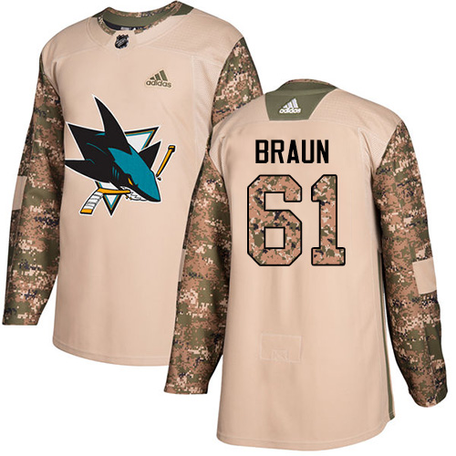 Adidas Sharks #61 Justin Braun Camo Authentic 2017 Veterans Day Stitched NHL Jersey