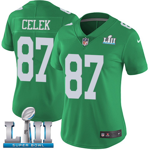 Women's Nike Philadelphia Eagles #87 Brent Celek Green Super Bowl LII Stitched NFL Limited Rush Jersey