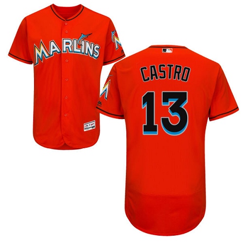 Miami marlins #13 Starlin Castro Orange Flexbase Authentic Collection Stitched MLB Jersey