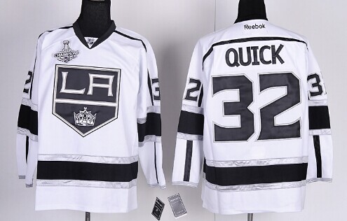 Los Angeles Kings #32 Jonathan Quick 2014 Champions Patch White Jersey