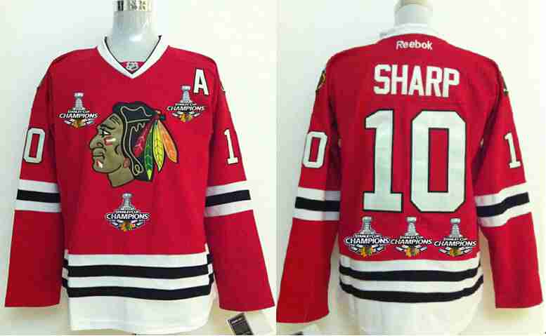 Men's Chicago Blackhawks #10 Patrick Sharp Red Treble Champions Jersey WThree Stanley Cup Champions Patches