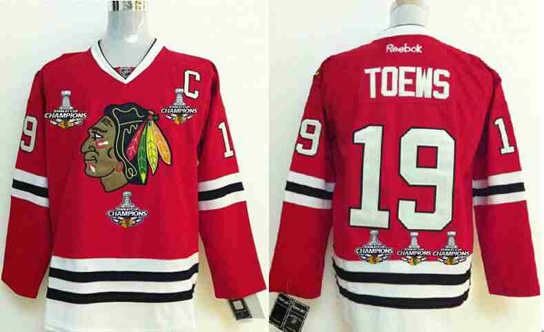 Men's Chicago Blackhawks #19 Jonathan Toews Red Treble Champions Jersey WThree Stanley Cup Champions Patches