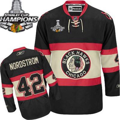 Men's Chicago Blackhawks #42 Joakim Nordstrom Premier Black New Third NHL Jersey W/2015 Stanley Cup Champion Patch