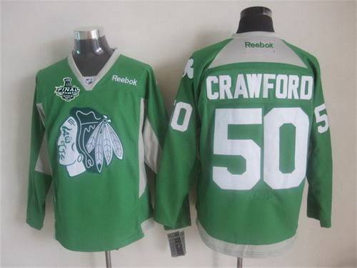 Men's Chicago Blackhawks #50 Corey Crawford 2015 Stanley Cup 2014 St. Patrick's Day Green Practice Jersey