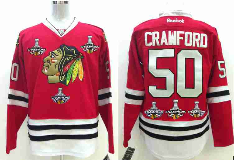 Men's Chicago Blackhawks #50 Corey Crawford Red Treble Champions Jersey WThree Stanley Cup Champions Patches