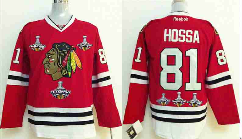 Men's Chicago Blackhawks #81 Marian Hossa Red Treble Champions Jersey WThree Stanley Cup Champions Patches