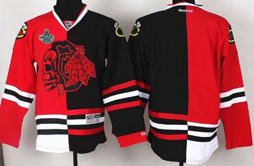 Men's Chicago Blackhawks 2015 Stanley Cup Blank Red&Black Two Tone With Red Skulls Jersey