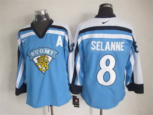 Men's Team Finland #8 Teemu Selanne Nike Light Blue Vintage Throwback Jersey