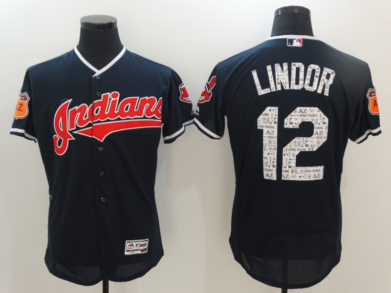 Men's Majestic Cleveland Indians #12 Francisco Lindor Authentic Navy Blue  Team Logo Fashion Cool Base MLB