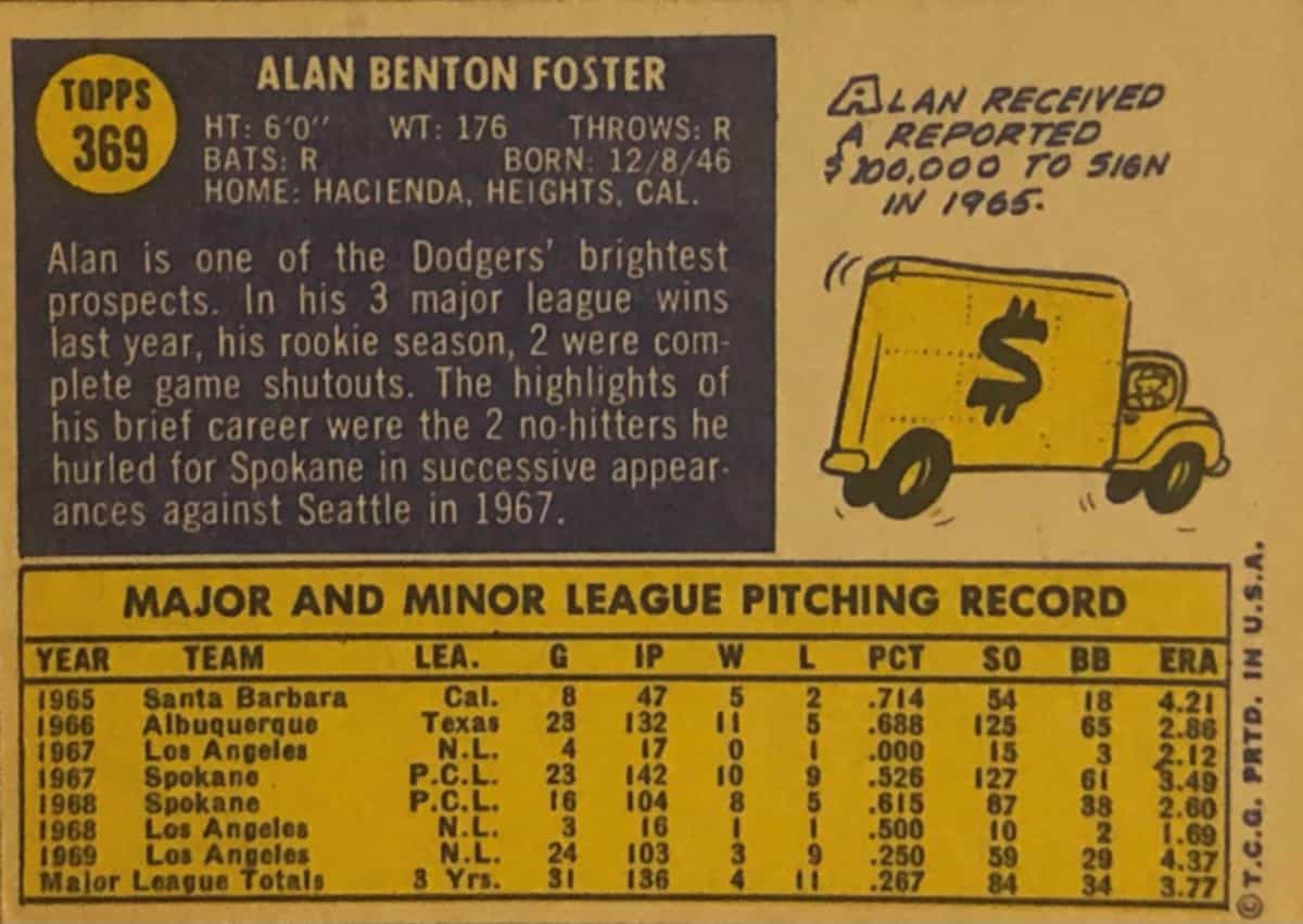 The back of Dodgers pitcher Alan Foster’s 1970 Topps baseball card.