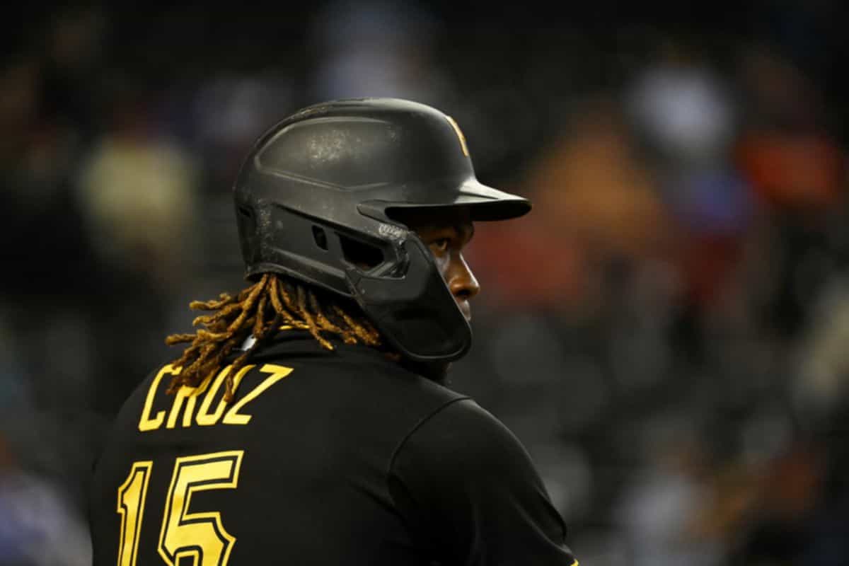 Oneil Cruz with a batting helmet on