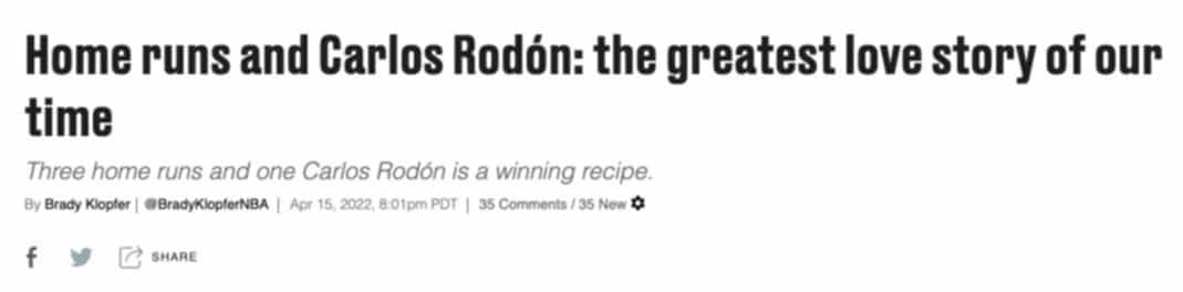 Headline reading “Home runs and Carlos Rodón, the greatest love story of our time”