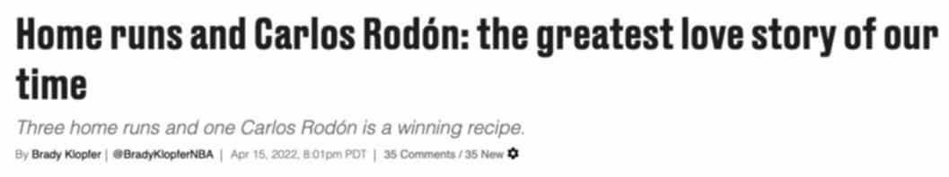 Screenshot of a headline reading “Home runs and Carlos Rodón: the greatest love story of our time”