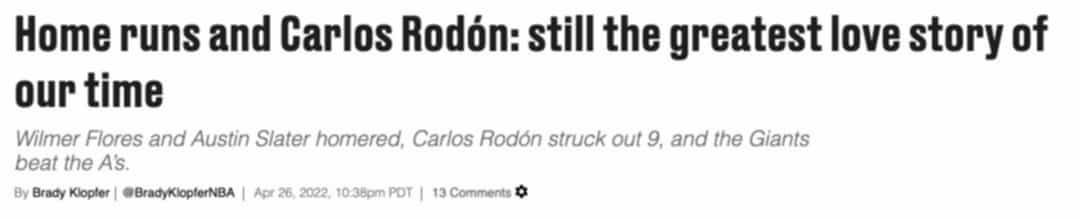 Screenshot of a headline reading, “Home runs and Carlos Rodón: still the greatest love story of our time”