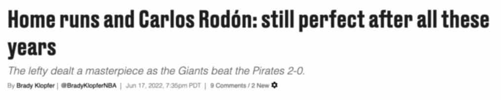 Screenshot of a headline reading, “Home runs and Carlos Rodón: still perfect after all these years”