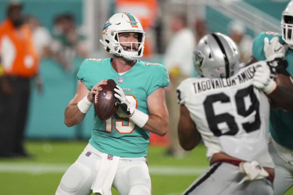 Miami Dolphins QB Skylar Thompso  white buffalo shirtn is one of PFF’s highest-graded rookie quarterbacks this preseason