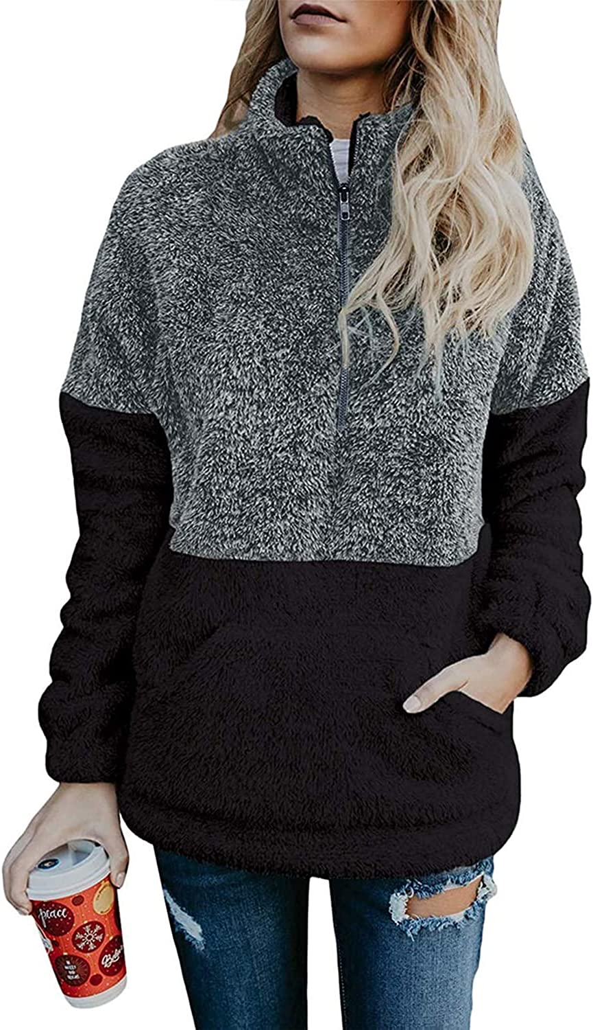MEROKEETY Women's Long Sleeve Contrast Color Zipper Sherpa Pile Pullover Tops Fleece Sweatshirt
