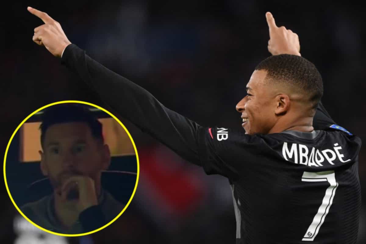 Lionel Messi reacts as Kylian Mbappe bumps into him during penalty row with Neymar in Paris Saint-Germain victory