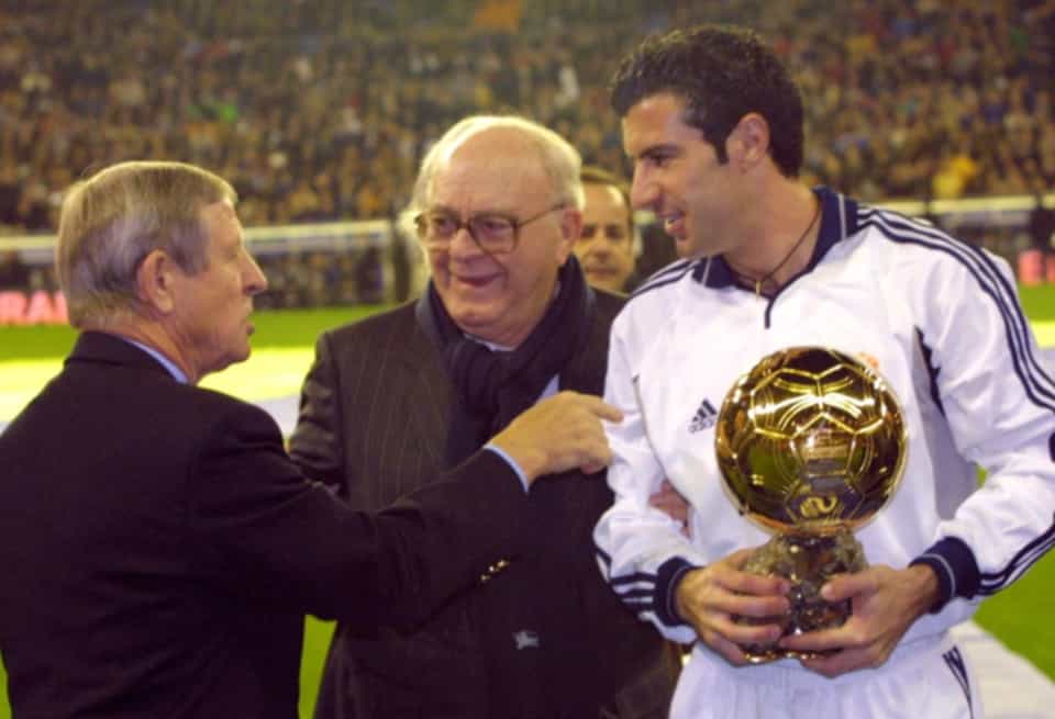 Real Madrid star Luis Figo collects his award in 2000