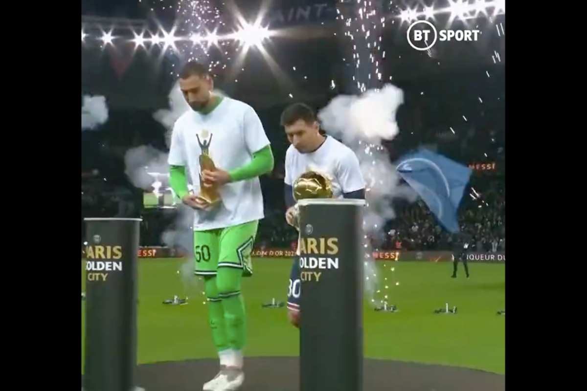 Lionel Messi flinches from huge bang as he’s presented with seventh Ballon d’Or amid fireworks alongside Paris Saint-Germain teammate and Yashin Trophy winner Gianluigi Donnarumma