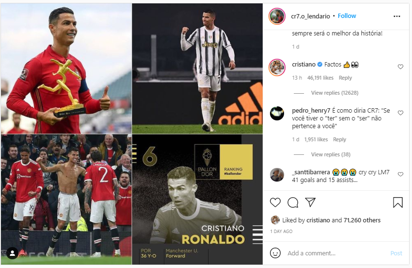 Ronaldo has subtly weighed in on the many debates over the 2021 Ballon d’Or results